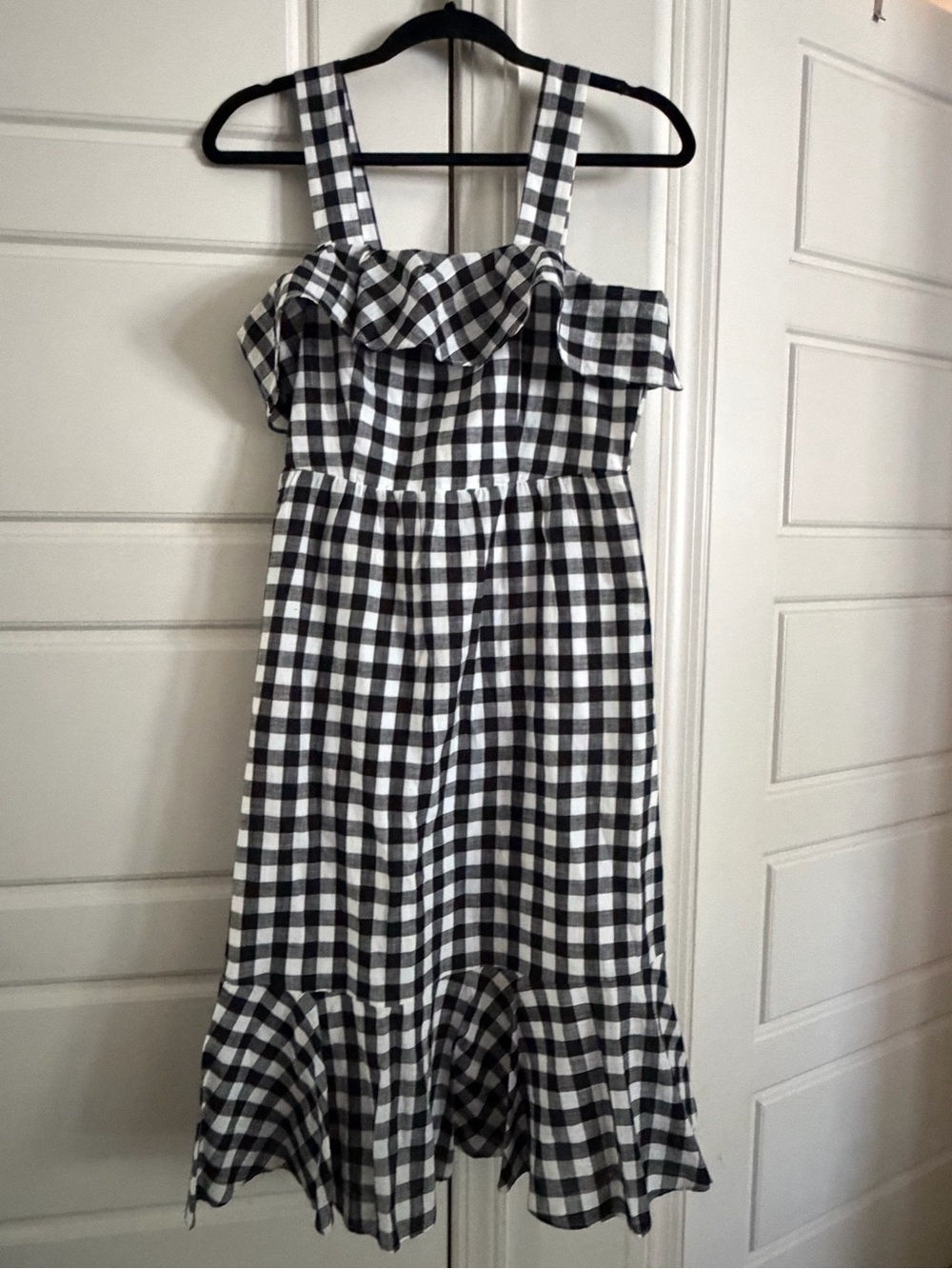 J. Crew Black & White Gingham Ruffle Midi Dress